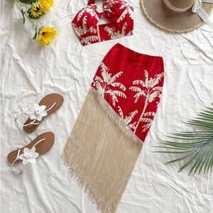 Red and Cream Palm Print Fringe Skirt Set